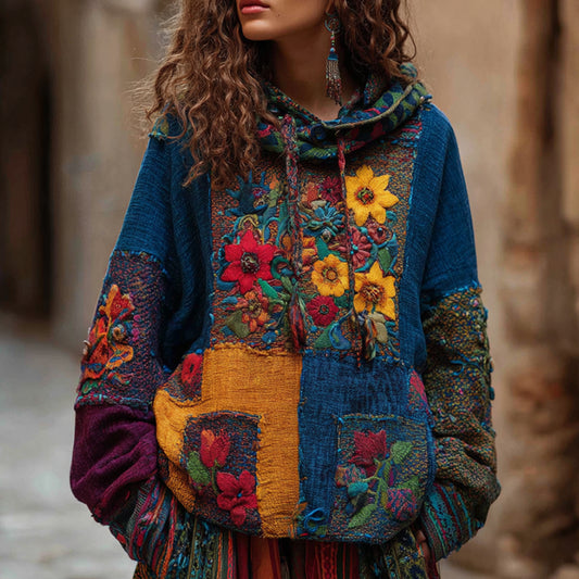 Bohemian Style Ethnic-inspired Multi-colored Floral Embroidery Patchwork Vintage-style Distressed Hooded Long-sleeved Sweater elevenforest
