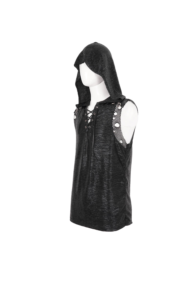 Black Strappy Mesh Splice Punk Vest With Hood