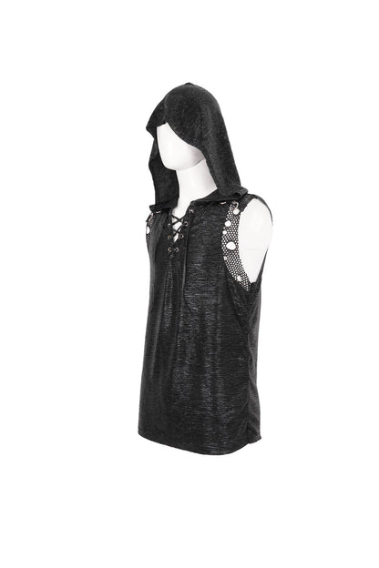 Black Strappy Mesh Splice Punk Vest With Hood
