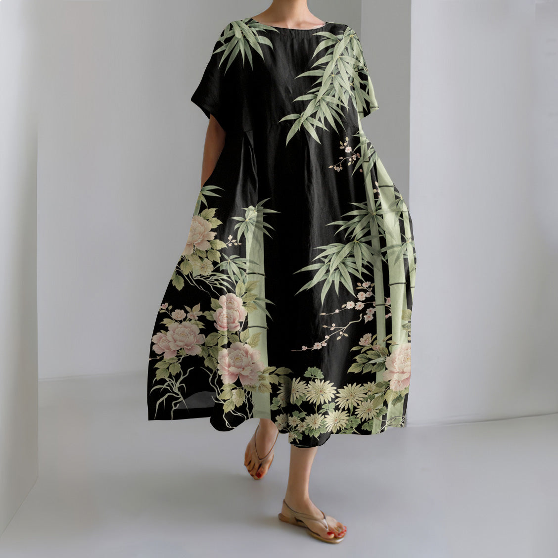 Comstylish Women's Japanese Flower Art Print Short Sleeve Midi Dress