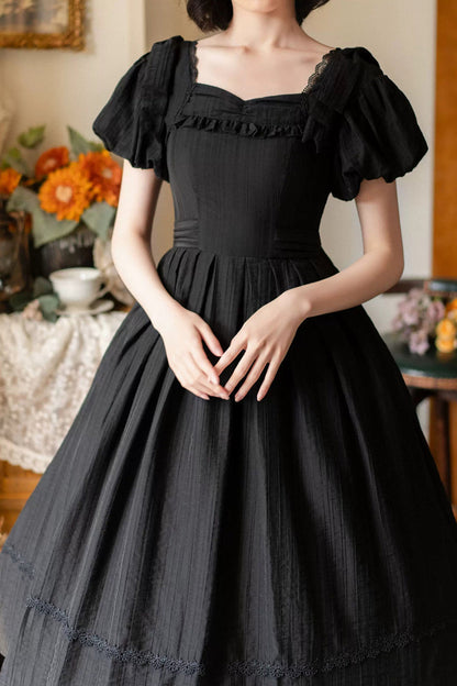 Black [forest Gallery] Square Collar Short Sleeves Ruffled Bow Classic Lolita Dress