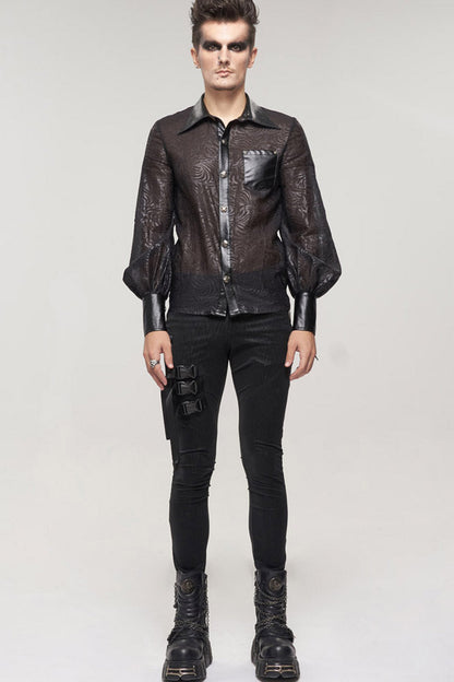 Black Punk Vertical Pattern Printing Cuff Drawstring Decoration See-through Shirt