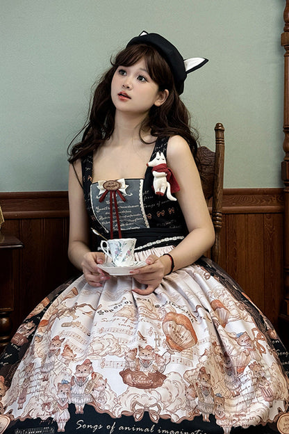 Black [fox Band] Print Square Collar Bowknot Classic Lolita Jumper Dress