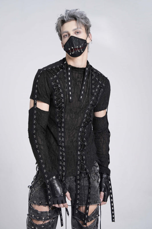 Black Long Sleeves Strap Lace-up Irregular Mesh Gothic T-shirt