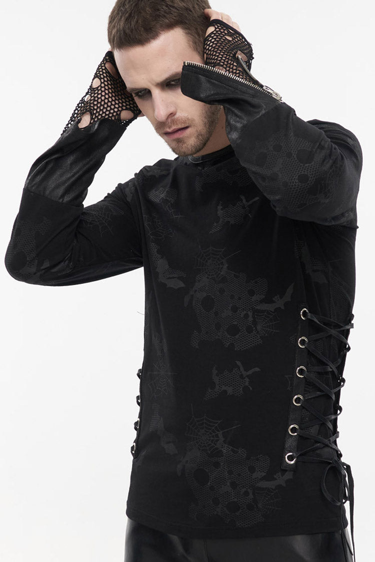 Black Punk Long Sleeve Knit Broken Holes Spider Web Print Crew Neck Shirt