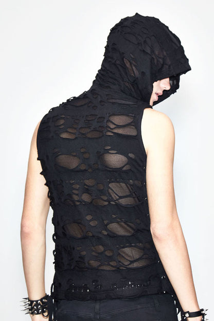 Black Sleeveless Ripped Side Ribbons Lace-up Hooded Punk T-shirt