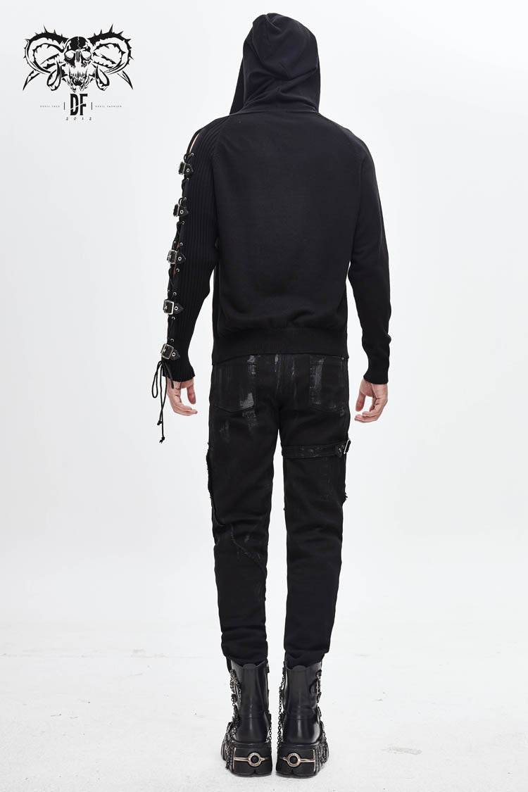 Black Asymmetrical Sleeves Leather Loop Lace-up Hooded Punk Sweater