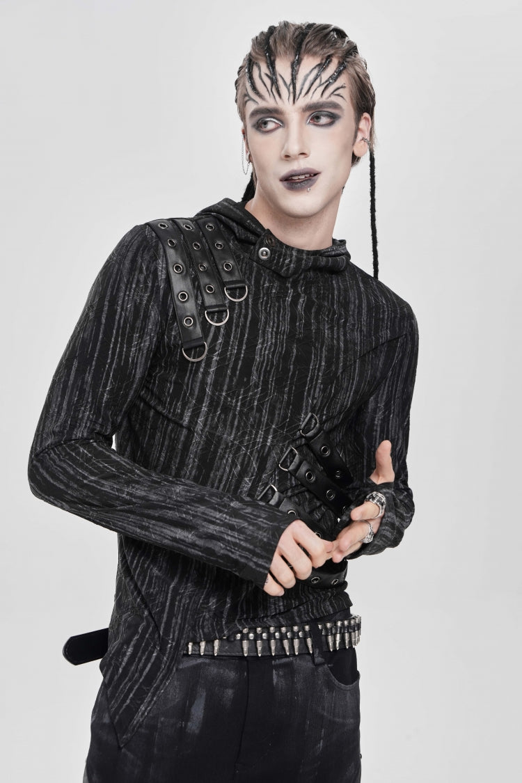 Black Long Sleeves Irregular Hooded Straps Eyelet Punk Blouse