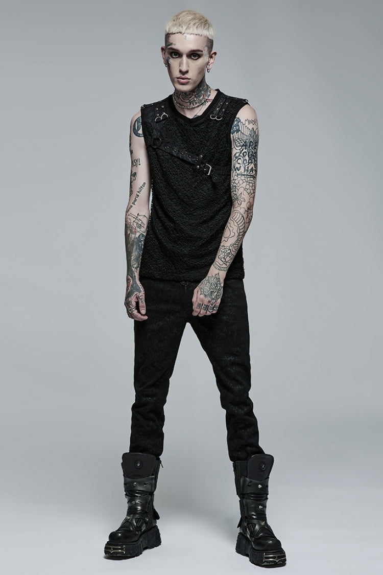 Black Sleeveless Stitching Mesh Buckle Steampunk Vest