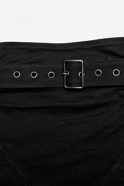Black Stand Collar Long Sleeves Ripped Metal Chain Steampunk T-shirt