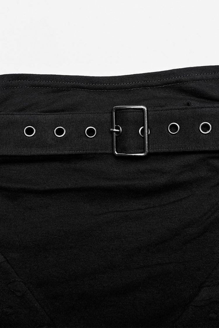 Black Stand Collar Long Sleeves Ripped Metal Chain Steampunk T-shirt