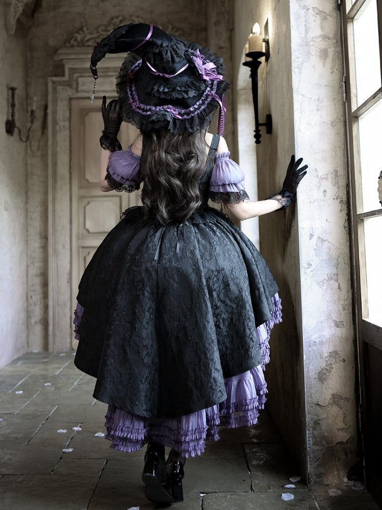 [pre-order Deadline: April 28] Purple X Black Gothic Lolita Corset Layered Jsk Dress + Off-shoulder Lace Puff Top
