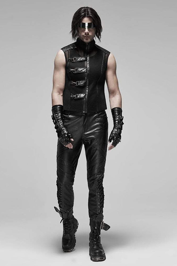 Black Punk Rough No Elasticity Woven Mesh Metal Buckle Belts Decoration Perspective Sleeveless Metal Zipper Vest
