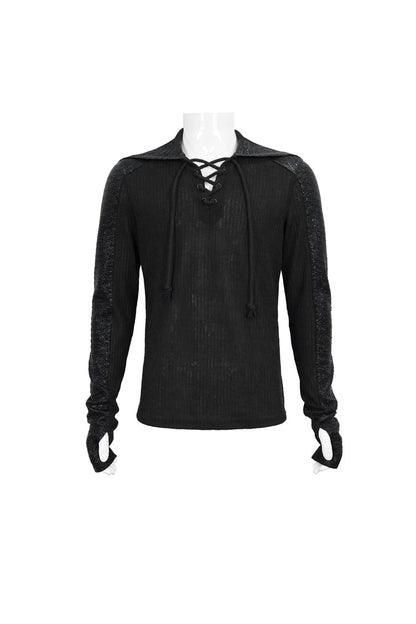 Black Dark Tether V-neck Panel Knit Hooded Punk T-shirt