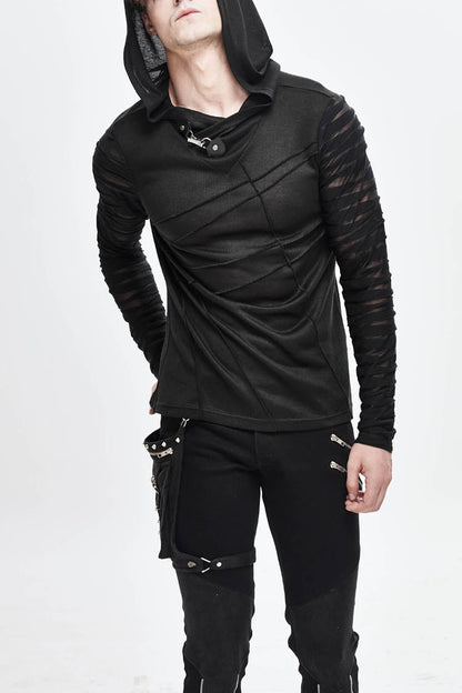 Black Collar Metal Button Irregular Striped Patchwork Bandage Hooded Punk T-shirt
