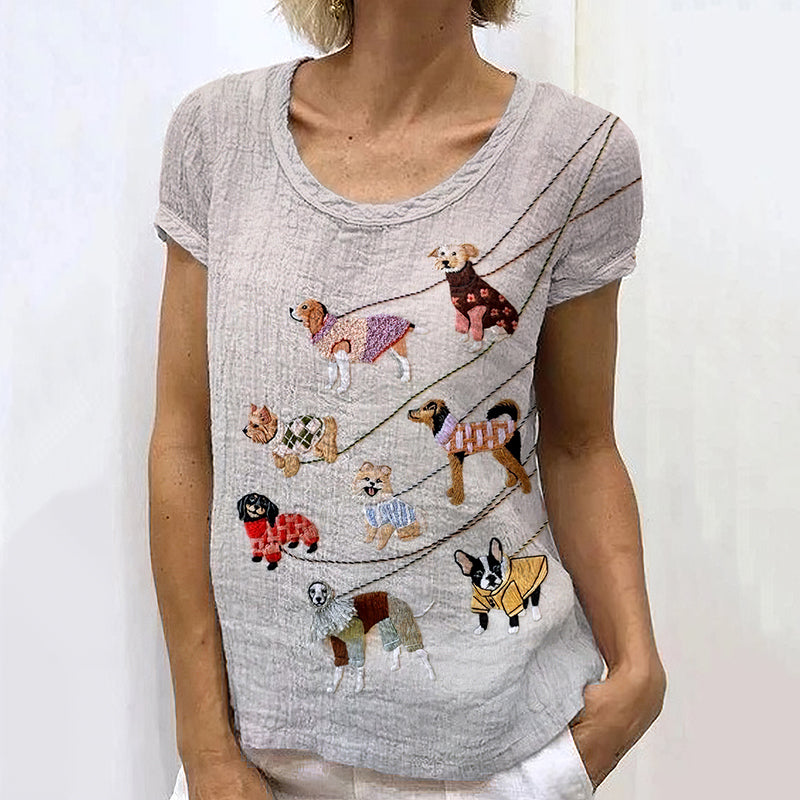 Comstylish Vintage Walking The Dog Art Print Crew Neck Linen Blend T-shirt