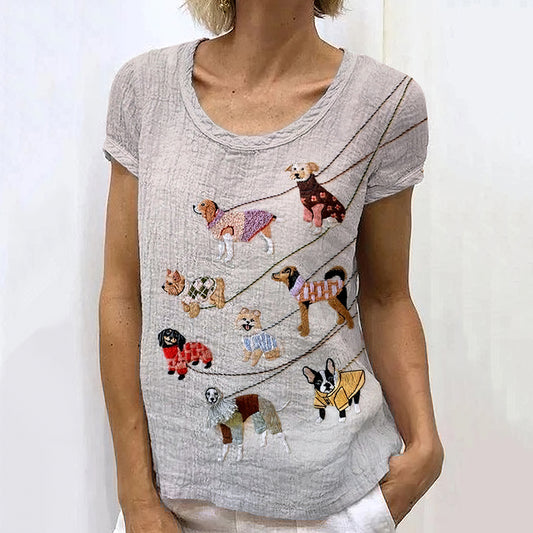 Comstylish Vintage Walking The Dog Art Print Crew Neck Linen Blend T-shirt