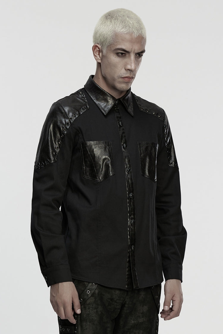 Black Lapel Collar Long Sleeves Stitching Eyelet Punk Blouse