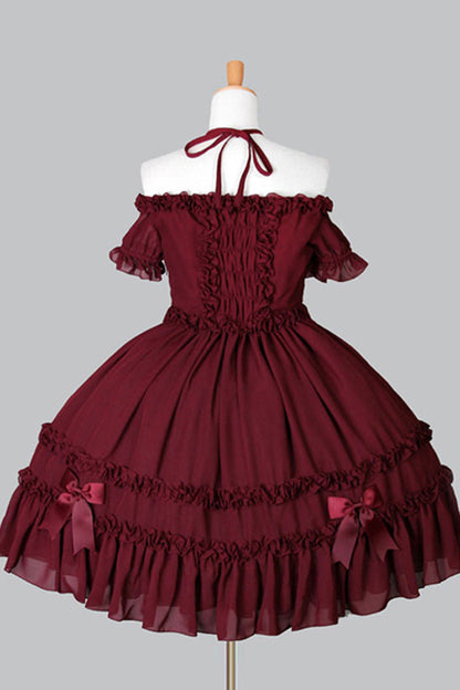 Chiffon Binding Strap Short Sleeves Boat Neck Classic Lolita Dress