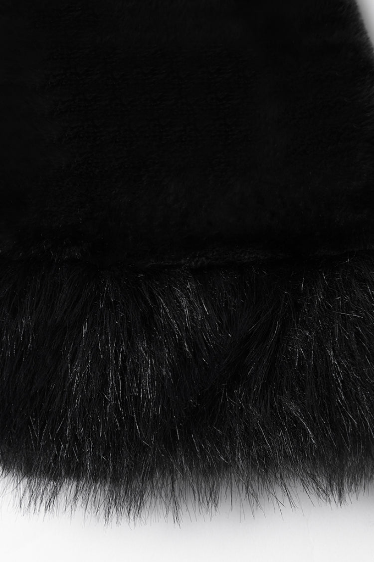 Black Stand Collar Long Sleeves Buckle Straps Faux Fur Punk Short Cloak
