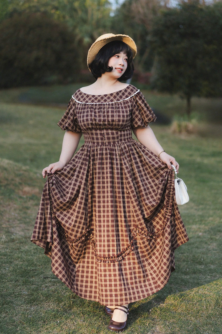 Dark Red [forest Picnic] Boat Neck Short Sleeves Printed Lift-hem Ruffled Classic Lolita Dress