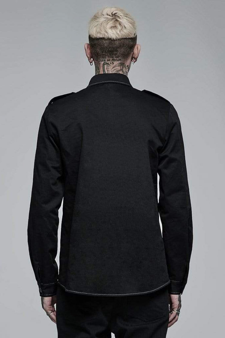 Black Lapel Collar Long Sleeves Skull Print Embroidery Steampunk Blouse