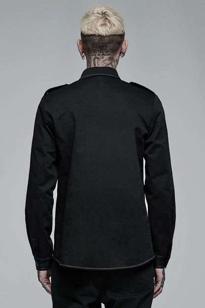 Black Lapel Collar Long Sleeves Skull Print Embroidery Steampunk Blouse