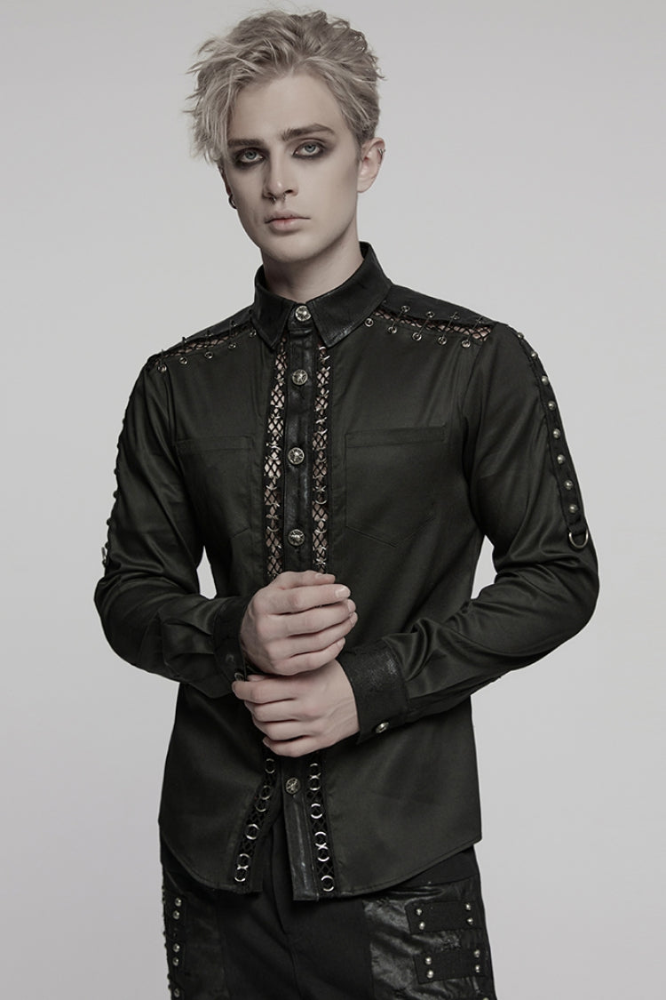 Black Lapel Collar Long Sleeves Stitching Pin Mesh Punk Blouse
