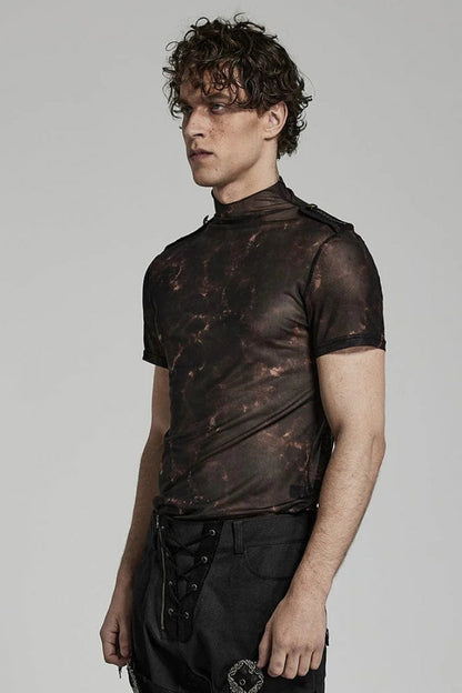 Stand Collar Short Sleeves Print Slim Steampunk T-shirt 2 Colors