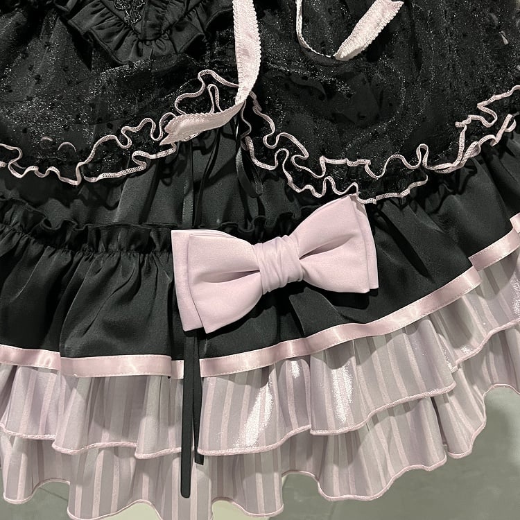 [order Deadline: May 12] Black Purple Lolita Idol Ribbon Puff Sleeve Shirt + Corset Tulle Pull-up Jks Dress Set