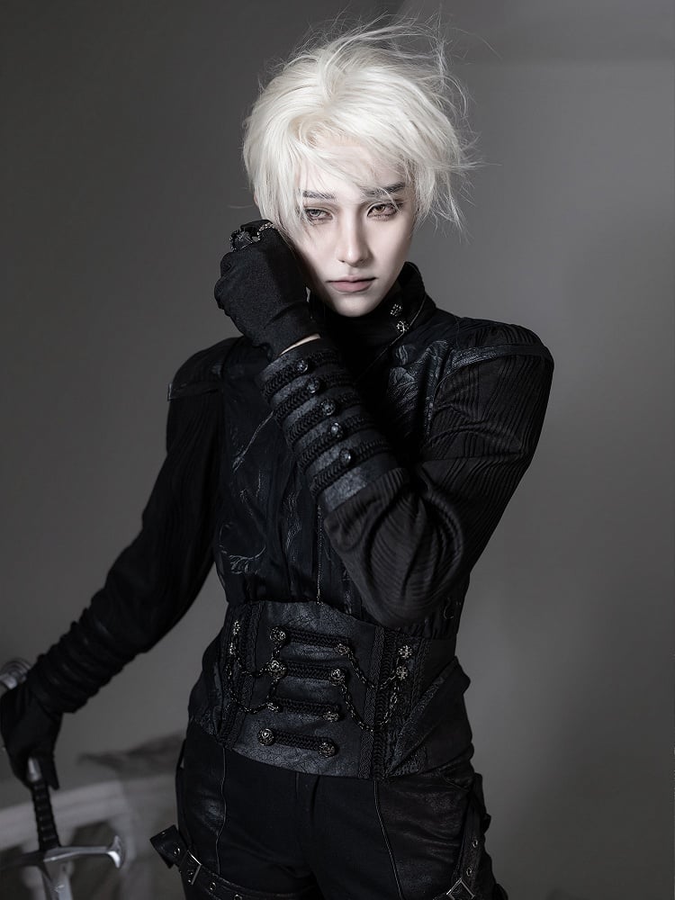 [pre-order Deadline: June 8] Phantom Knight Dark Gothic Prince Waist Button Detail Black Top