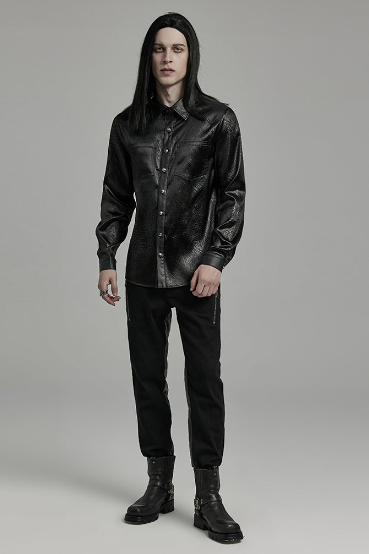 Black Lapel Collar Long Sleeves Faux Leather Gothic Blouse