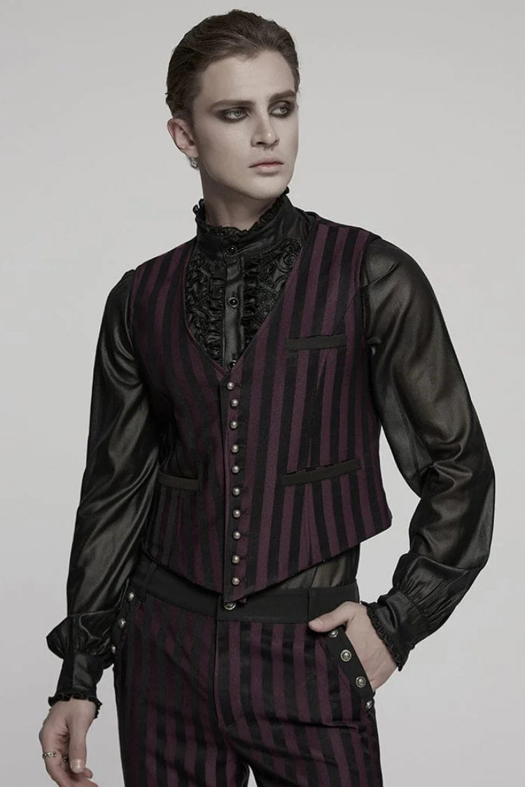 Black/red V Collar Sleeveless Striped Print Buckle Punk Vest