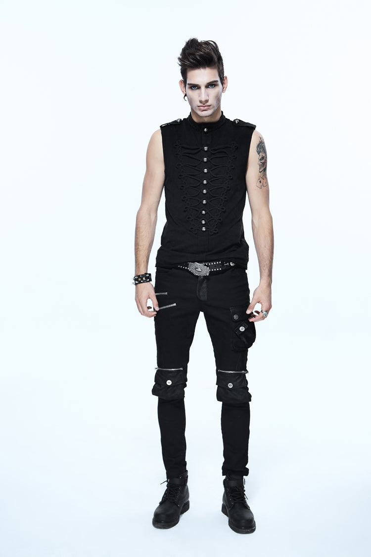 Black Military Uniform Style Chest Chinese Frog Button Sleeveless Punk T-shirt