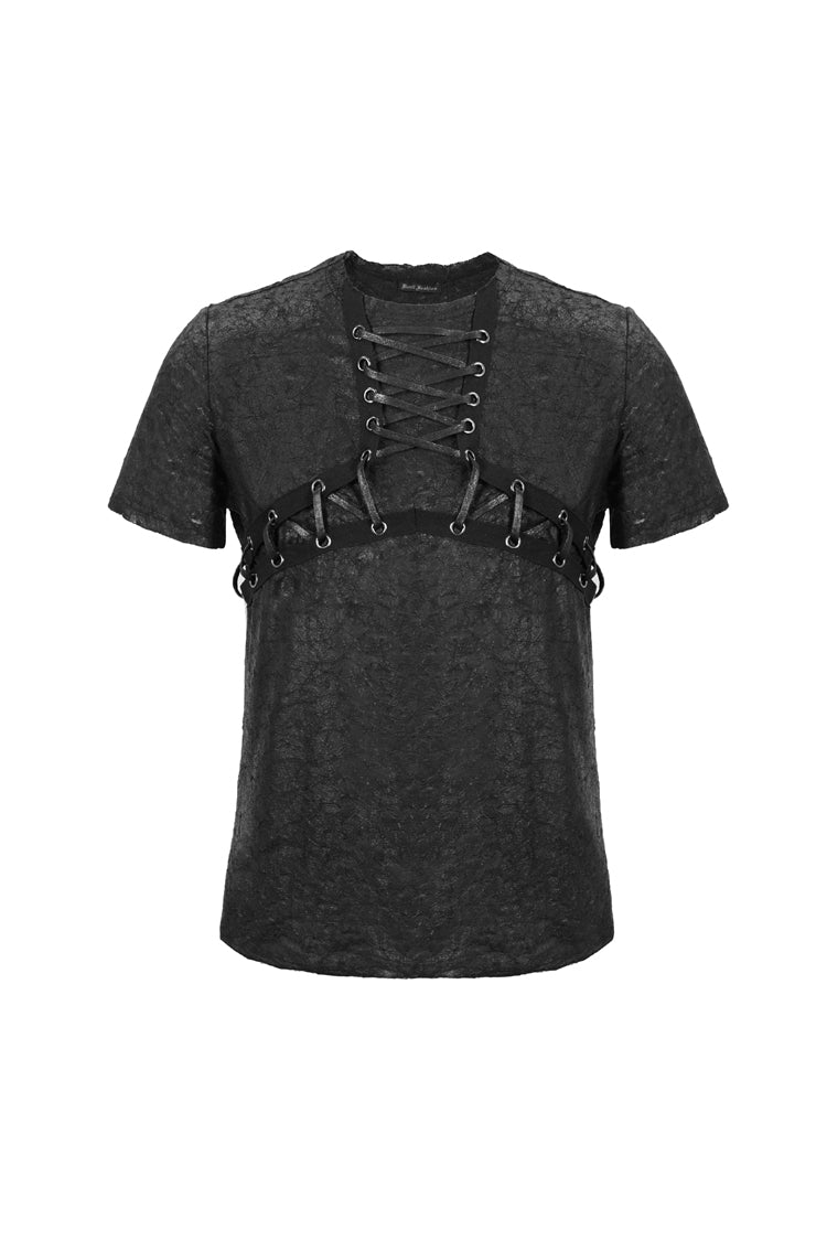 Black Broken Holes Thick Stripes Chest Lace-up Knit Short Sleeve Punk T-shirt