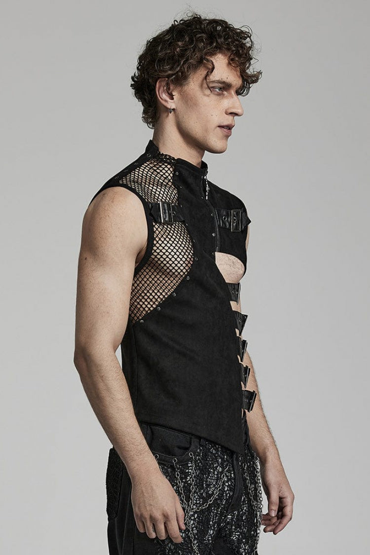 Black Sleeveless Hollow Suede Leather Stitching Irregular Gothic Vest