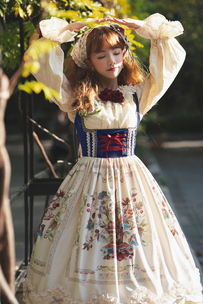 Ivory [ode to Plenty] Berries and Birds Print Ruffle Bowknot Velvet Classic Lolita Breast Support Jsk Dress