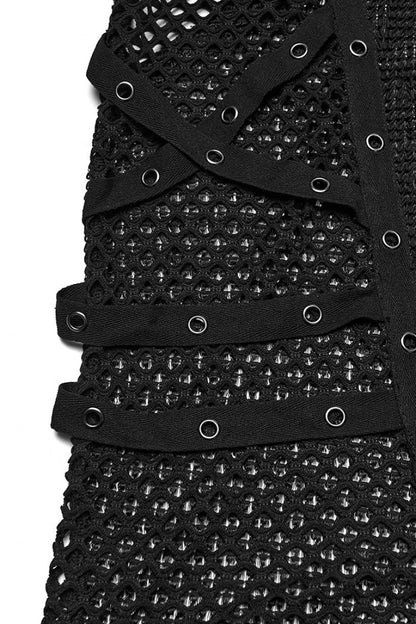 Black Long Sleeves Mesh Eyelet Punk T-shirt
