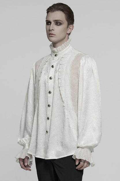 White Stand Collar Long Puff Sleeves Jacquard Ruffle Embroidery Gothic Blouse