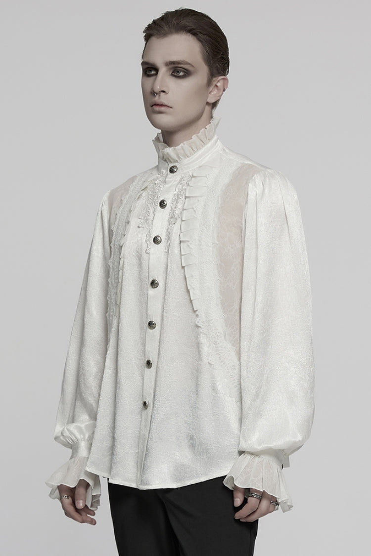White Stand Collar Long Puff Sleeves Jacquard Ruffle Embroidery Gothic Blouse