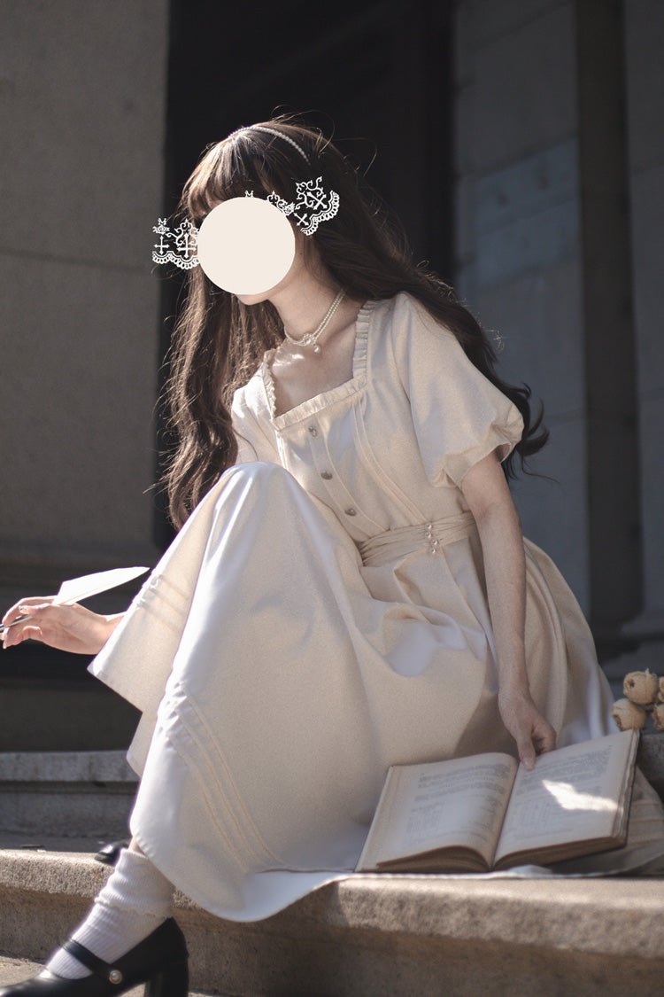 Apricot [random Thoughts] Square Collar Short Sleeves Ruffle Classic Lolita Dress