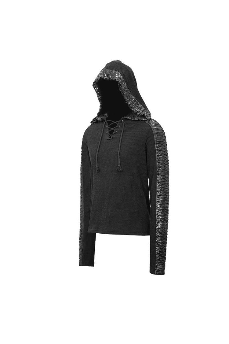Black Chest Lace Up Vertical Stripes Woolen Splice Bright Crimped Fabric Hooded Punk T-shirt