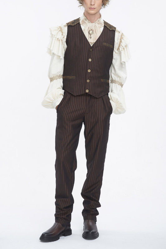 Brown Striped V Collar Stitching Slim Gothic Vest