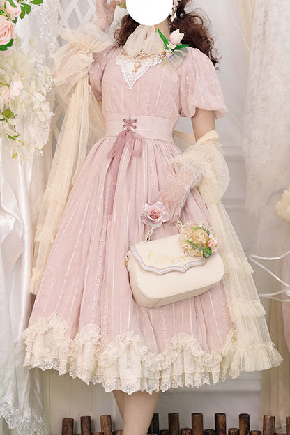 Pink Square Collar Short Sleeves Multi-layer Ruffled Classic Lolita Op Dress