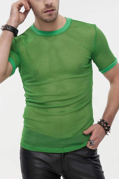 Green Gothic Crew Neck Diamond-shaped Net Hyperelastic Short Sleeve T-shirt
