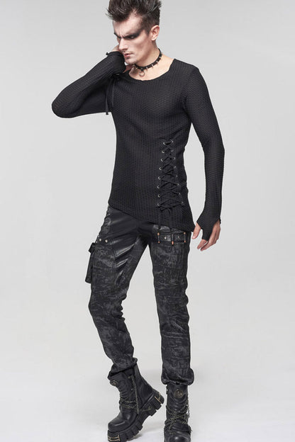 Black Gothic Asymmetry Drawstring Decoration Coarse Net Shirt