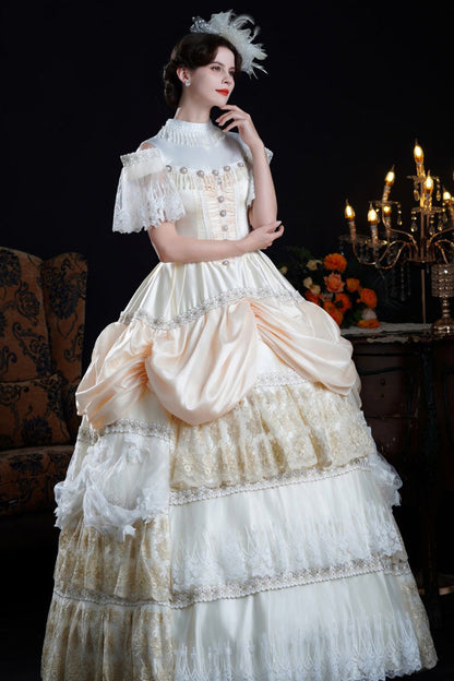 Champagne Stand Collar Multi-layered Ruffled Lace Classic Palace Victorian Lolita Dress