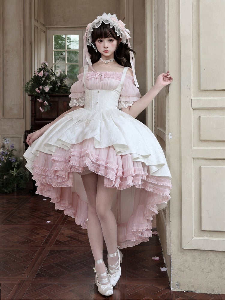 [pre-order Deadline: April 28] Pink X White Gothic Lolita Corset Layered Jsk Dress + Off-shoulder Lace Puff Top
