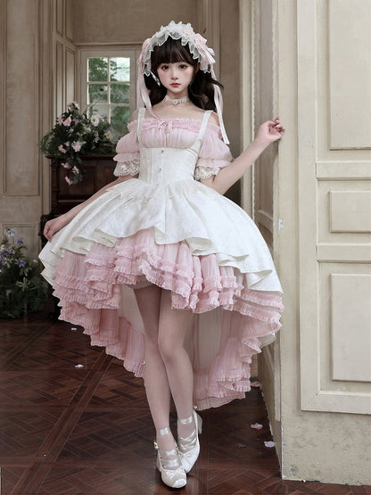 [pre-order Deadline: April 28] Pink X White Gothic Lolita Corset Layered Jsk Dress + Off-shoulder Lace Puff Top