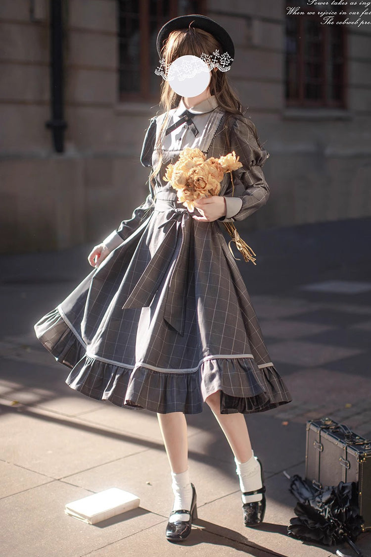 Grey Plaid Print Ruffle Bowknot Classic College Style Lolita Dress